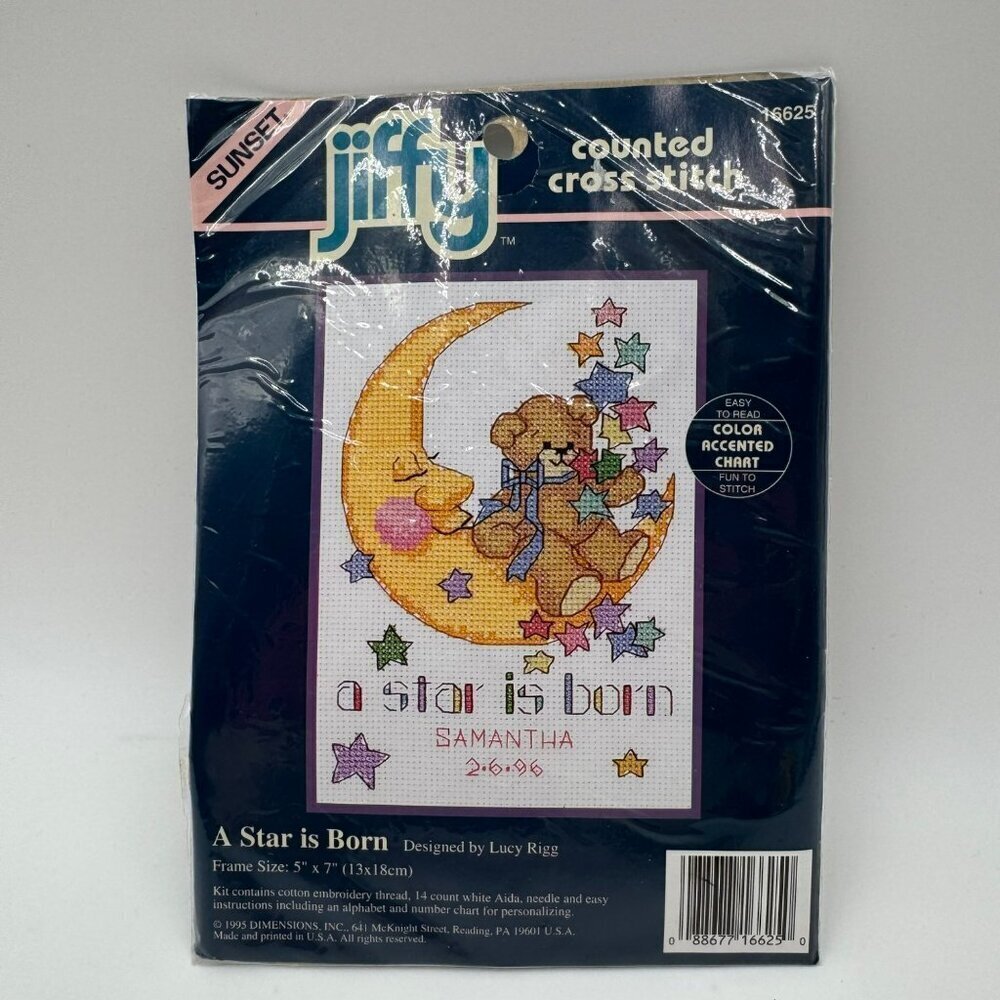 Jiffy Counted Cross Stitch 16625 "A Star is Born" 5"x7" NIP Design by Lucy Rigg